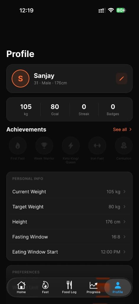Profile and settings